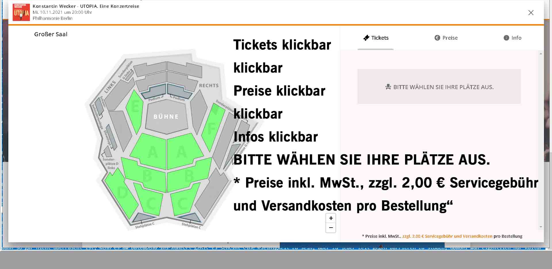 Ticketing mit Screen Reader: Auf der Reservix-Seite zum Ticketkauf ist der Text des Screenreaders in schwarzer großer Schrift in die Bildmitte gesetzt.